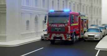 Computer rendition of Fire engine on response in traffic.